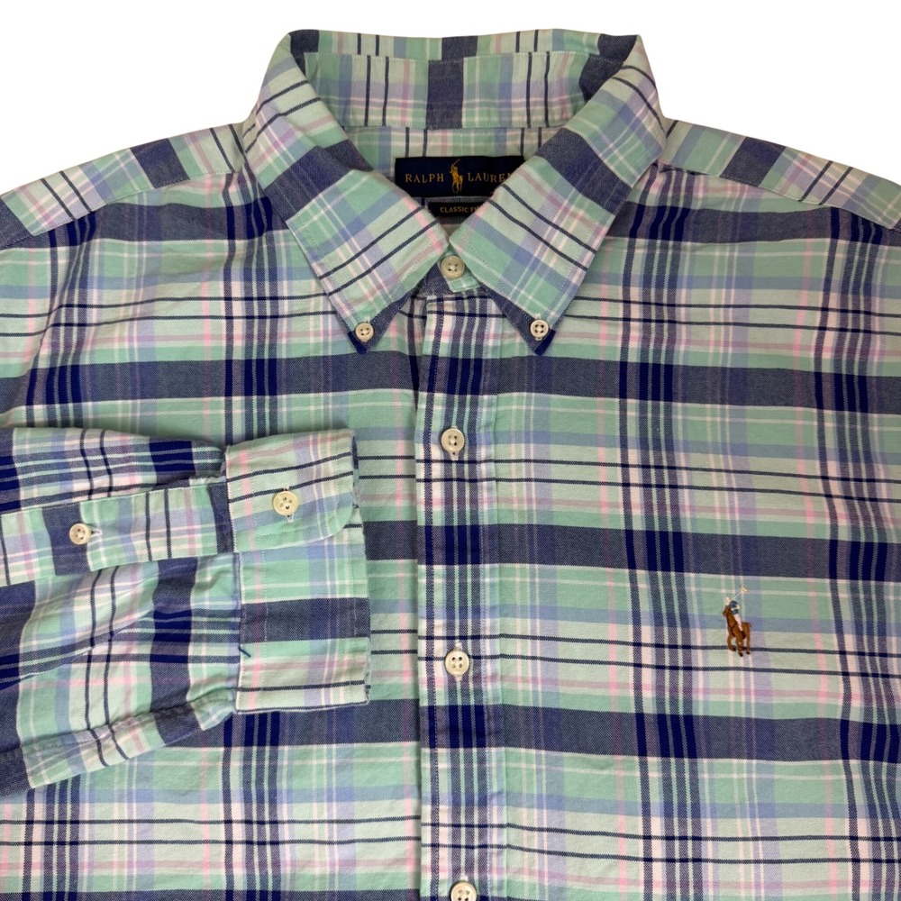 Ralph Lauren Button Down Shirt Mens XL Green Blue Plaid Classic Fit Long Sleeve